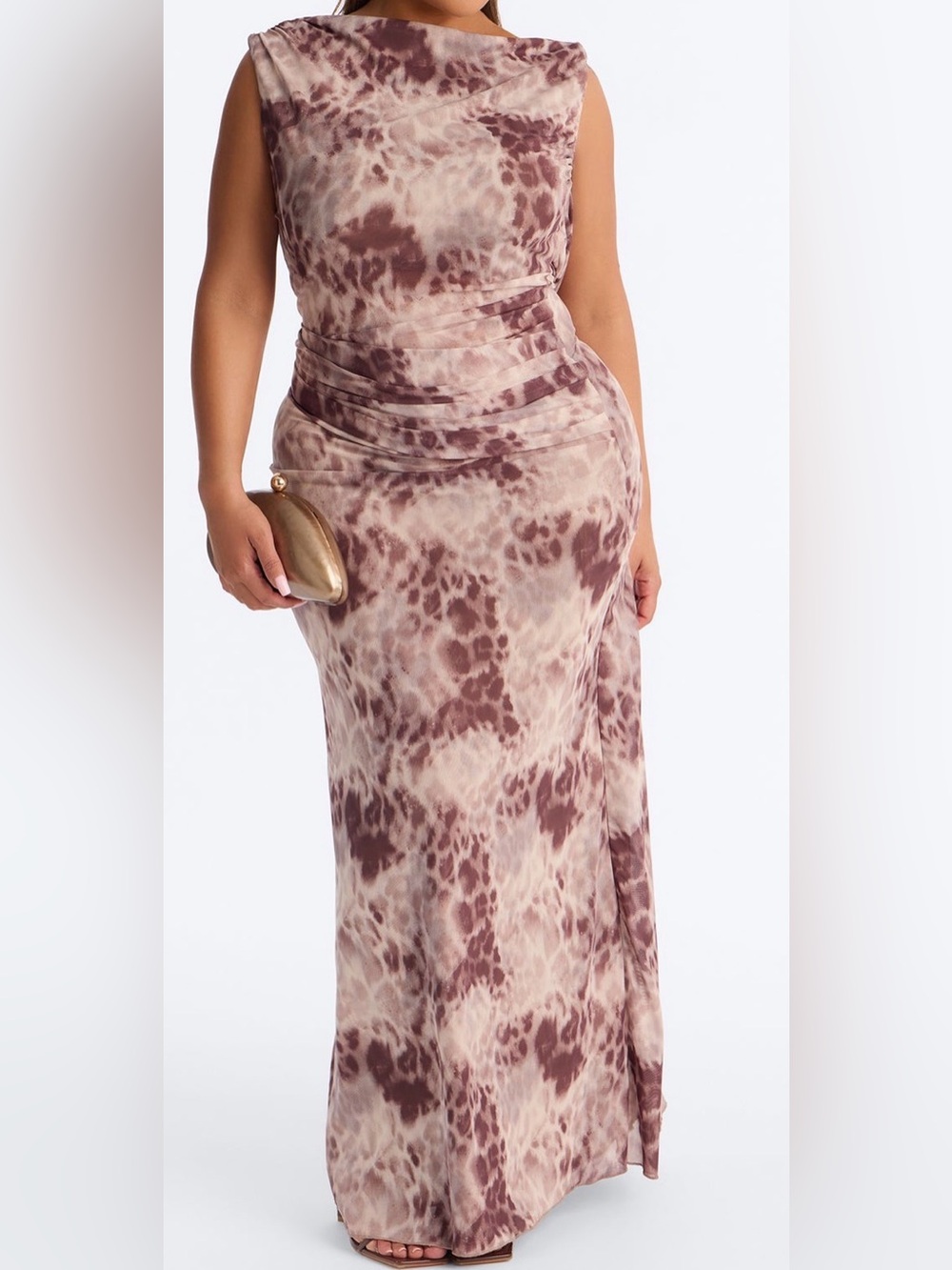 Plus-size Elegant Taupe & Mauve Print Maxi Skirt